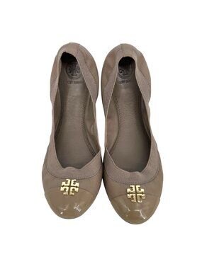Tory Burch Jolie Ballet Flats Beige Leather Cap Toe Gold Logo Womens Size 8